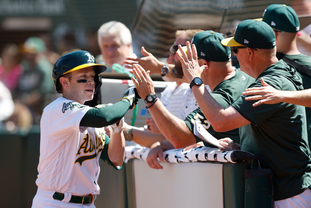 Nick Allen #2 of the Oakland Athletics celebrates after hitting a solo home run in the bottom of th...