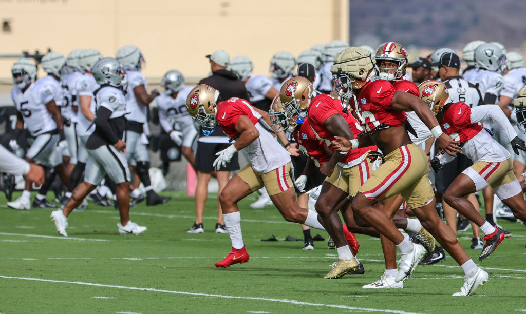 The San Francisco 49ers and the Las Vegas Raiders hold a joint practice at the Las Vegas Raiders He...