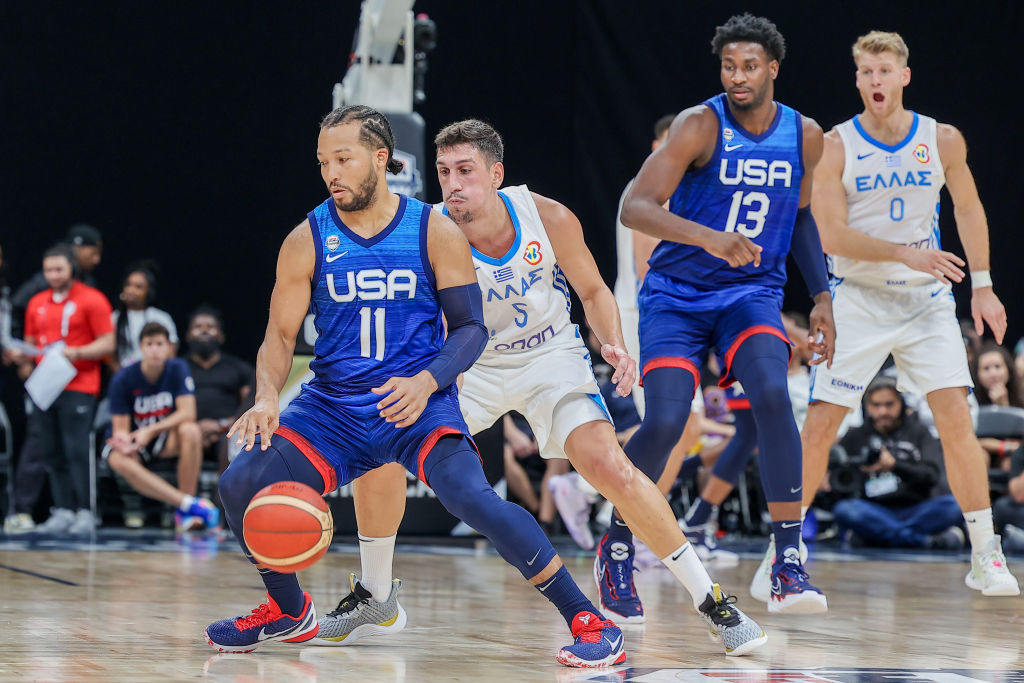 Jalen Brunson (L) of USA in action during a friendly match between USA and Greece as part of 2023 F...