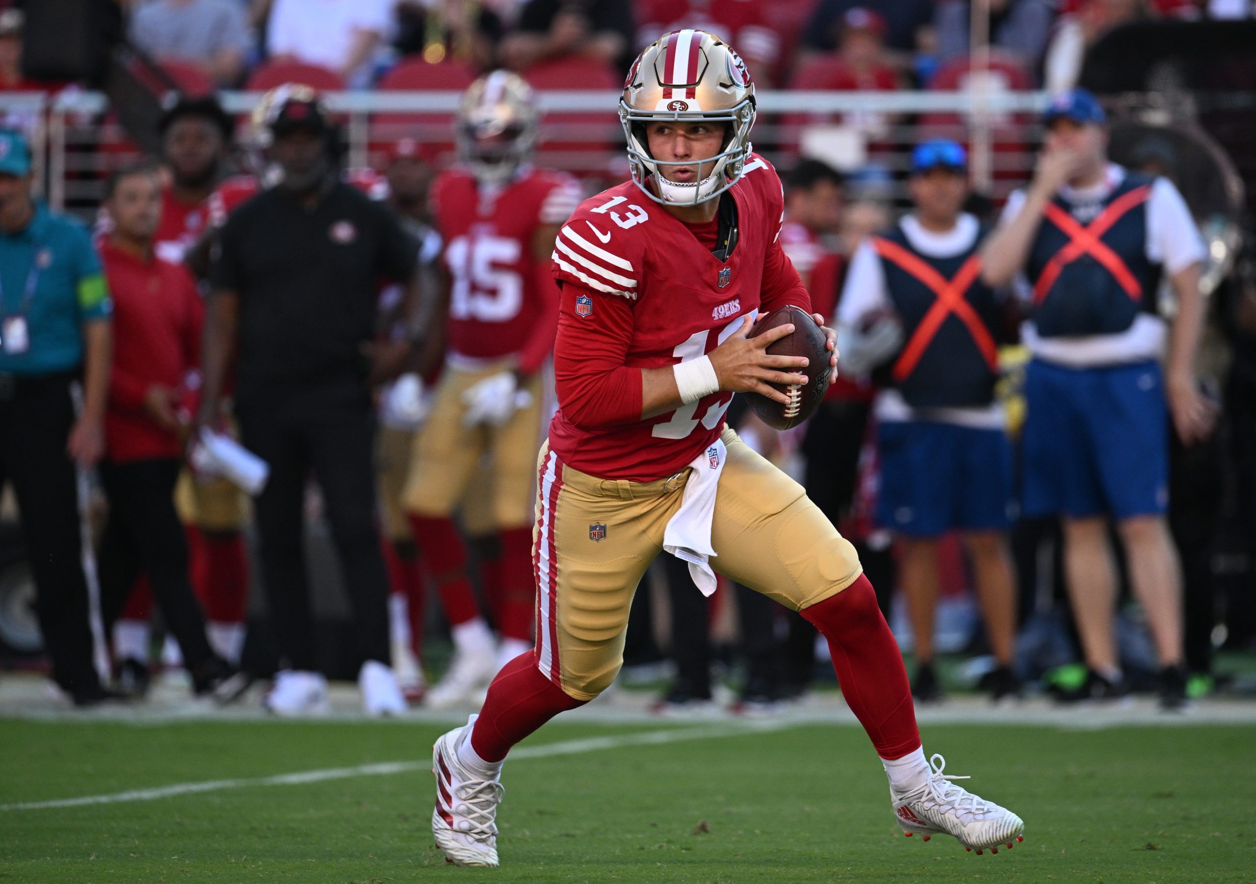 Brock Purdy #13 of the San Francisco 49ers looks to pass during the first half of a preseason game ...