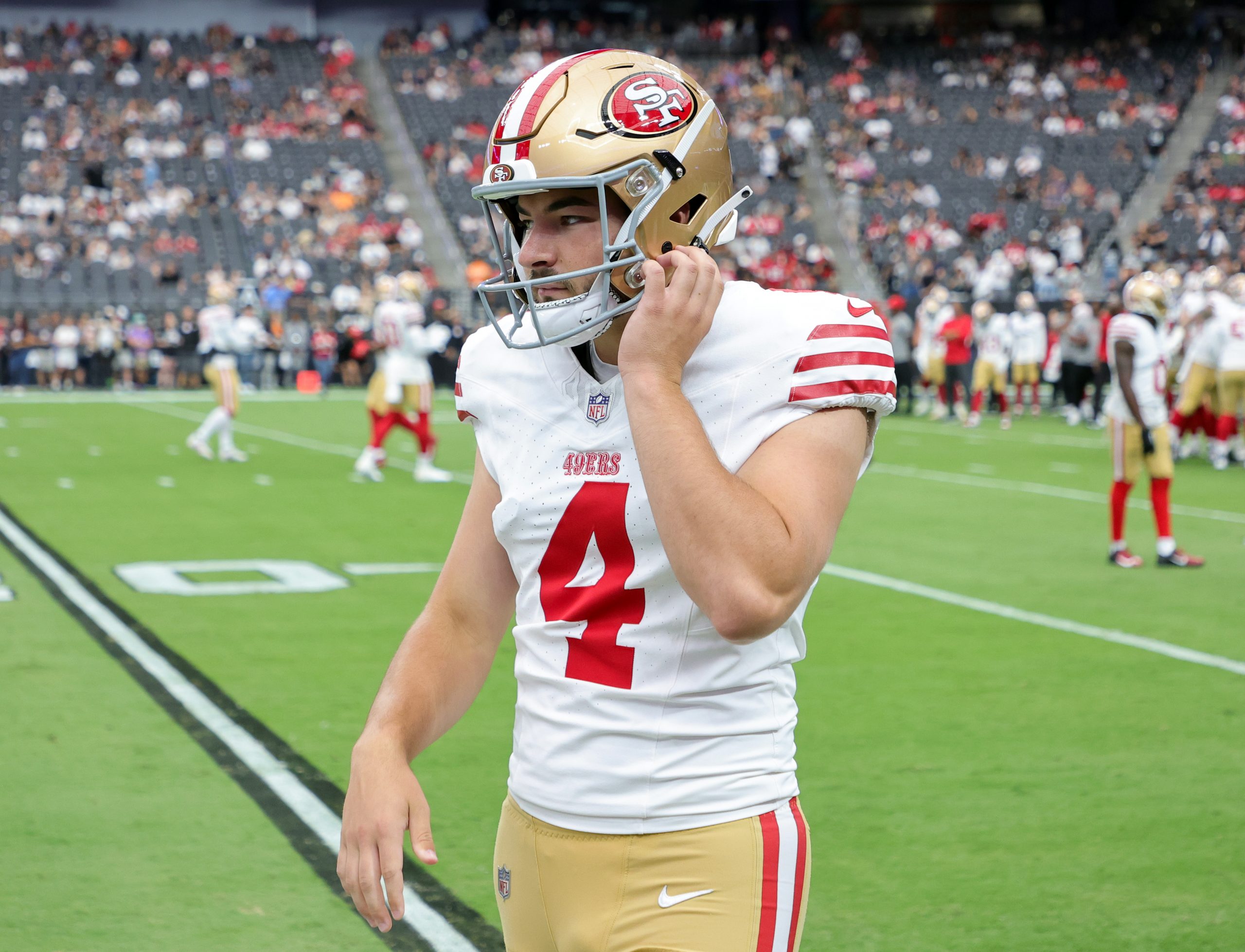 Place kicker Jake Moody #4 of the San Francisco 49ers warms up before a preseason game against the ...