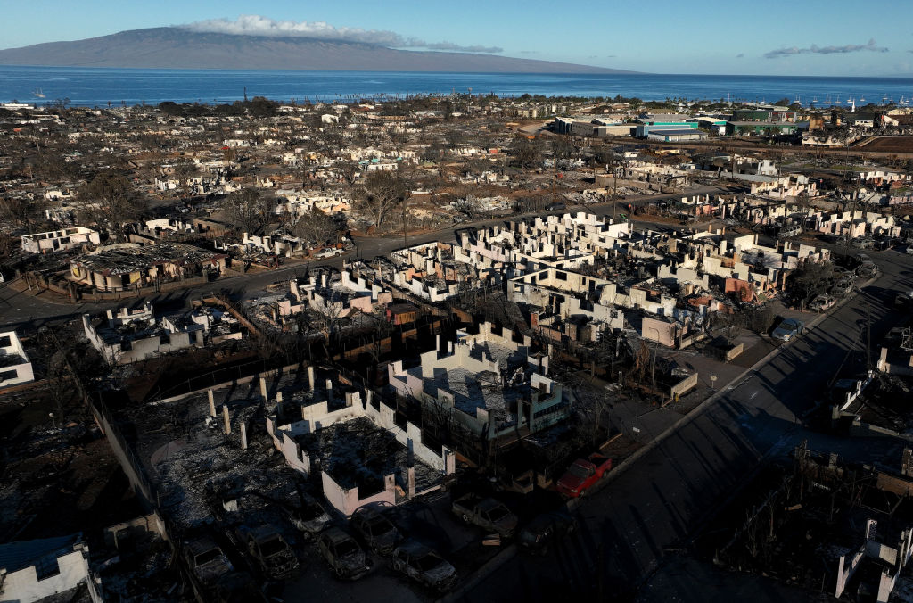 In an aerial view, burned cars and homes are seen in a neighborhood that was destroyed by a wildfir...