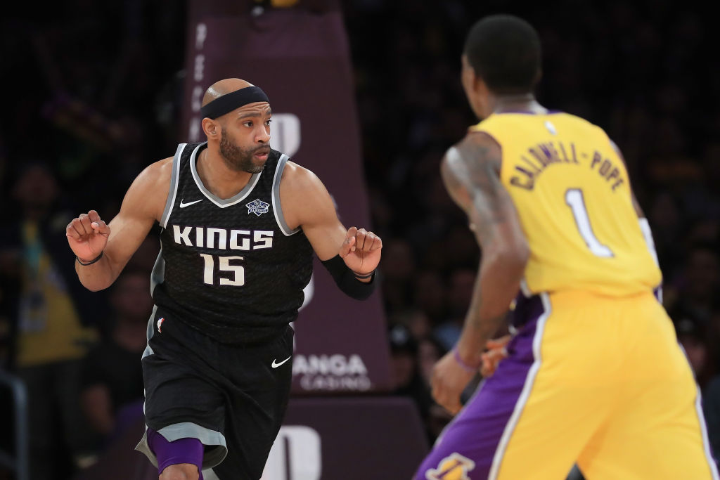 Vince Carter #15 of the Sacramento Kings reacts after making a shot during the second half of a gam...