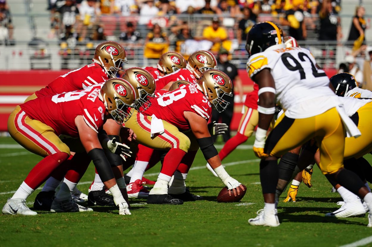 The San Francisco 49ers line up against the Pittsburgh Steelers at Levi's Stadium on September 22, ...