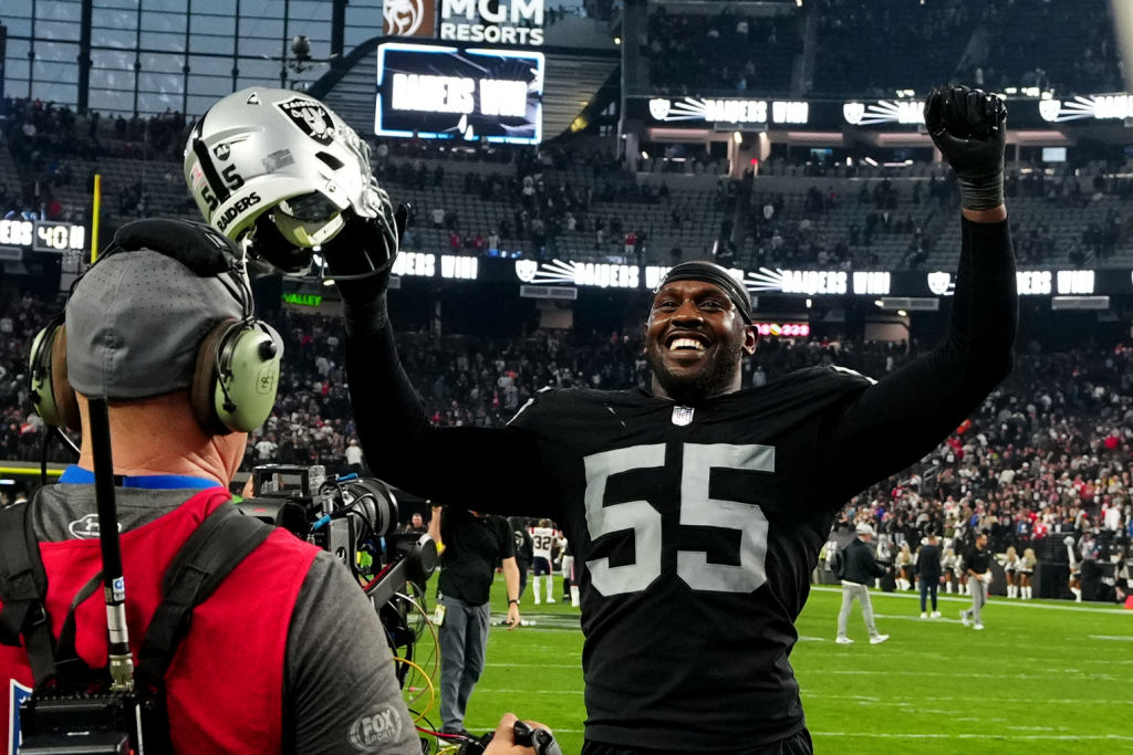 Chandler Jones #55 of the Las Vegas Raiders celebrates after a game against the New England Patriot...