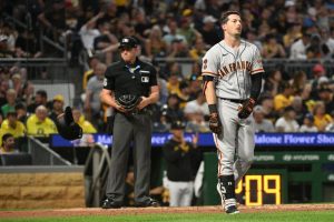 PITTSBURGH, PENNSYLVANIA - JULY 15: Mike Yastrzemski #5 of the San Francisco Giants tosses away his batting helmet after striking out in the fourth inning against the Pittsburgh Pirates at PNC Park on July 15, 2023 in Pittsburgh, Pennsylvania. (Photo by Justin Berl/Getty Images)