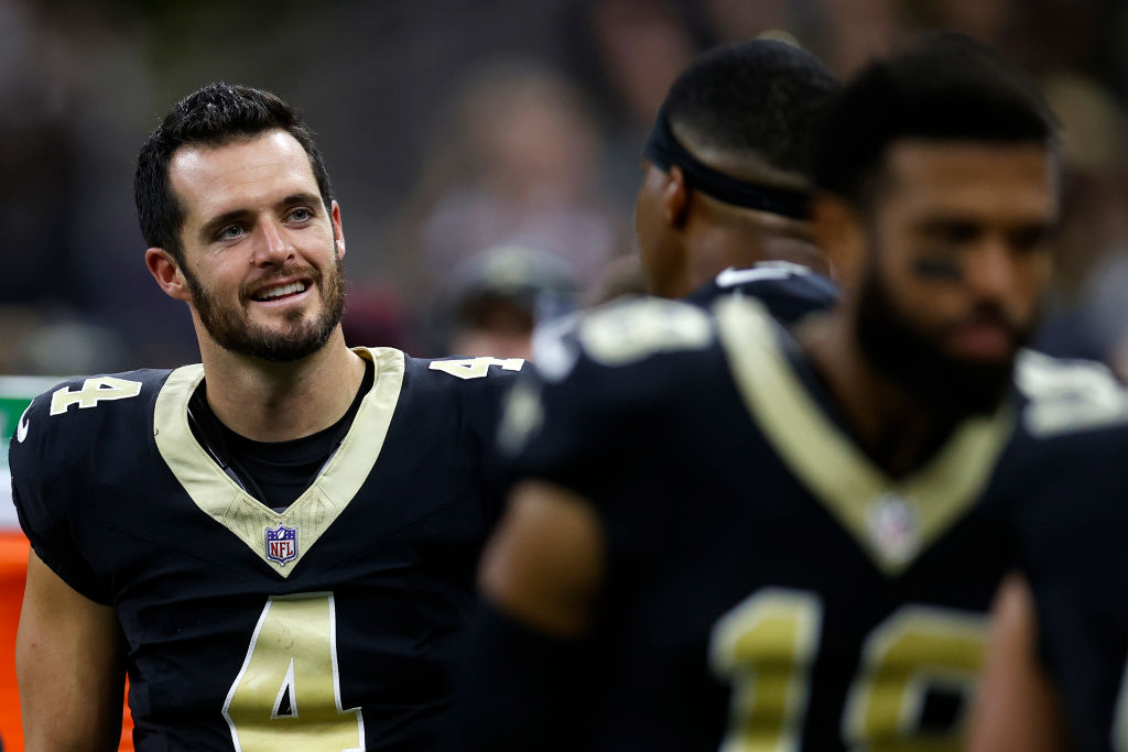 Derek Carr #4 of the New Orleans Saints looks on during a preseason game at Caesars Superdome on Au...