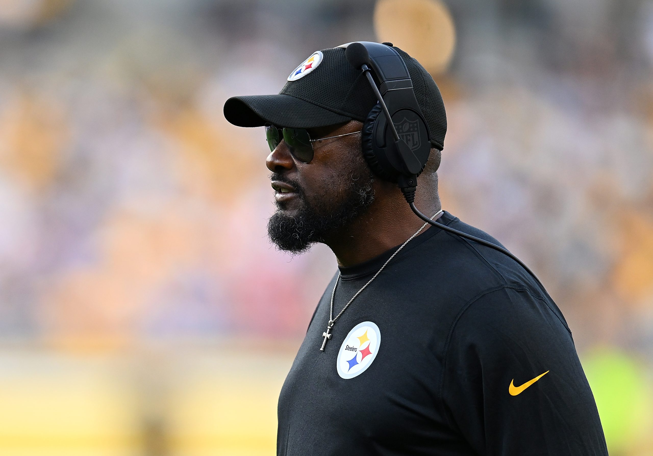 Head coach Mike Tomlin of the Pittsburgh Steelers looks on during the preseason game against the Bu...