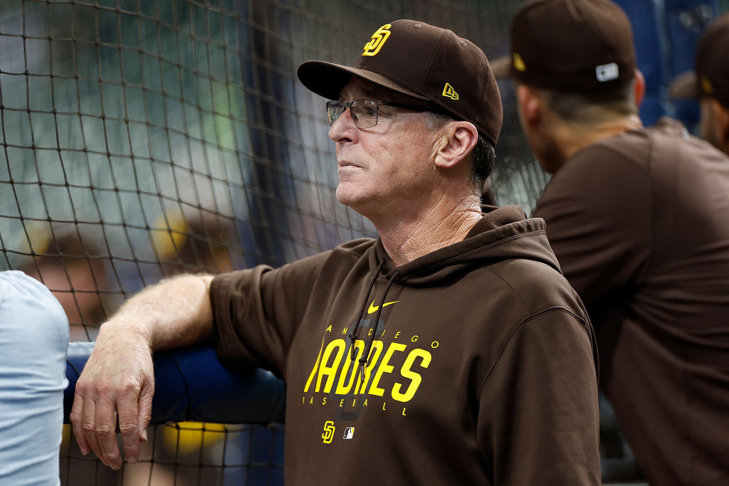 Manager Bob Melvin #3 of the San Diego Padres watches batting practice...