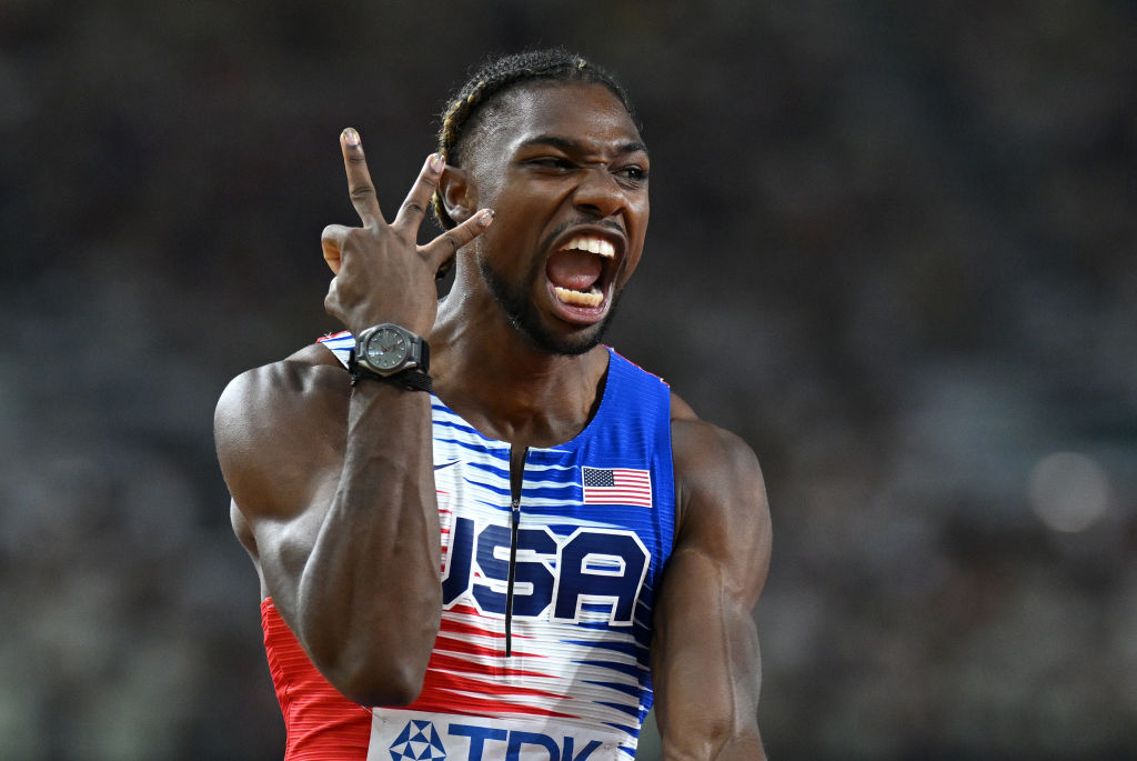 Noah Lyles of Team United States reacts after winning the Men's 4x100m Relay Final during day eight...