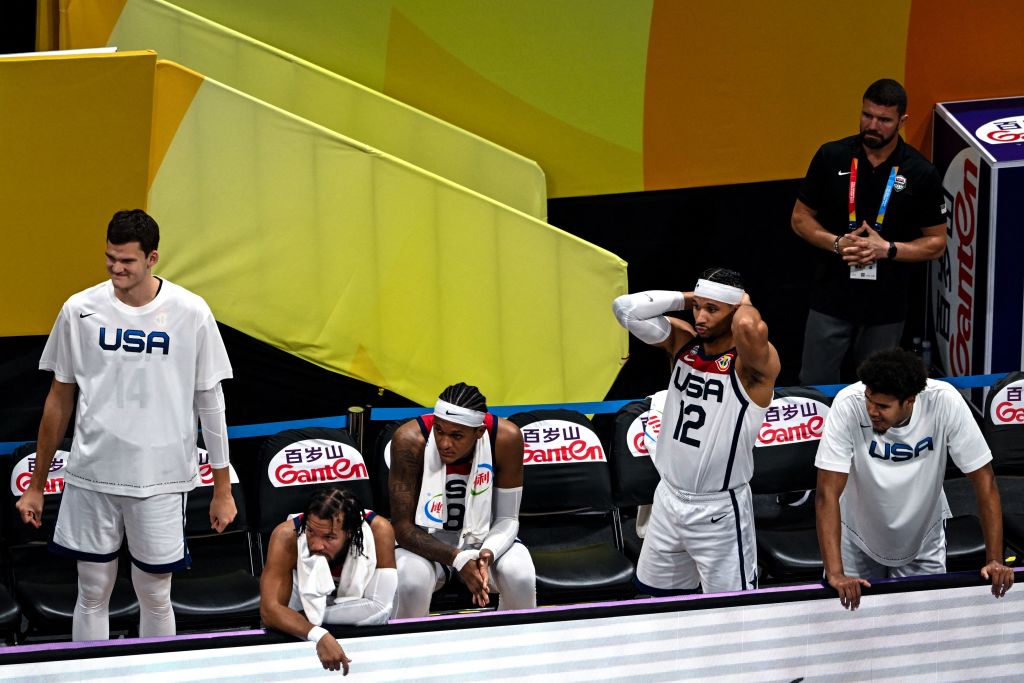 Team USA react at the end of the FIBA Basketball World Cup Semi-Finals match between USA and German...