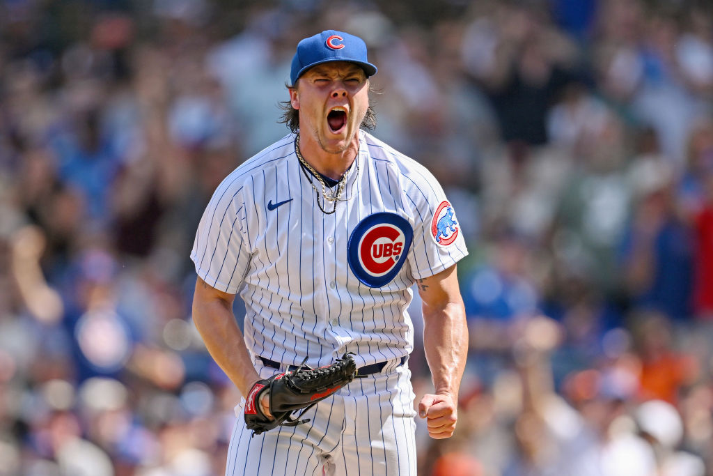 CHICAGO, ILLINOIS - SEPTEMBER 04: Justin Steele #35 of the Chicago Cubs reacts after striking out a...