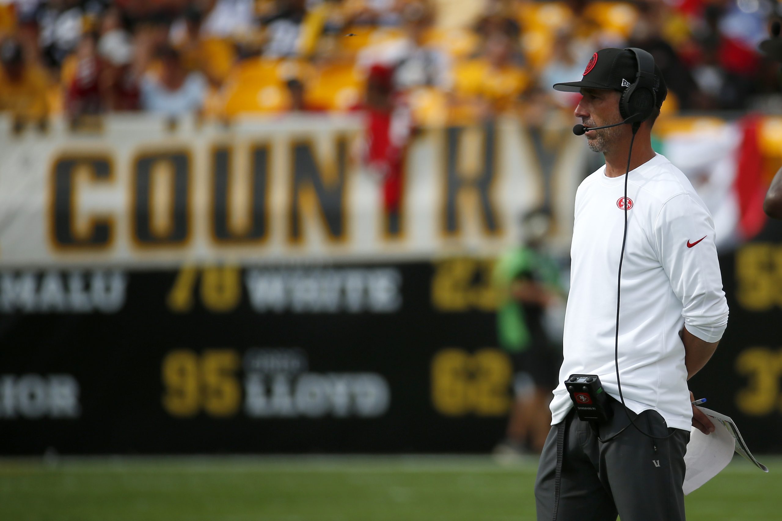 Head coach Kyle Shanahan the San Francisco 49ers looks on in the second half of a game against the ...