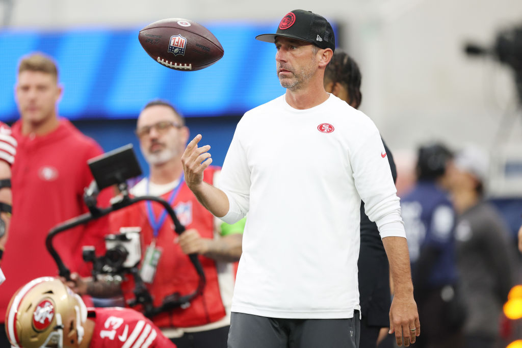 San Francisco 49ers head coach Kyle Shanahan during warm ups before the game against the Los Angele...