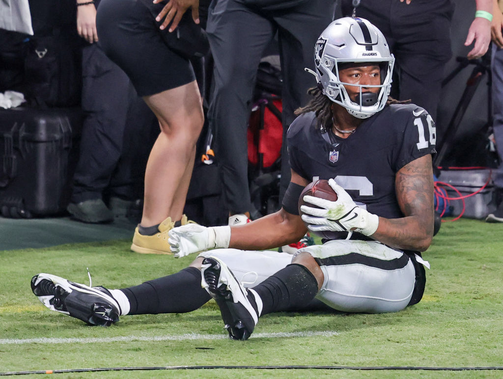 Wide receiver Jakobi Meyers #16 of the Las Vegas Raiders sits outside an end zone after making a ca...