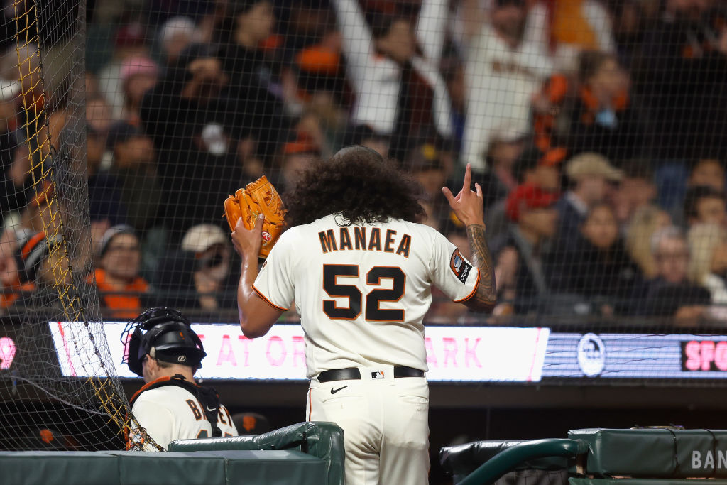 Sean Manaea #52 of the San Francisco Giants acknowledges the fans after pitching in his 1000th care...