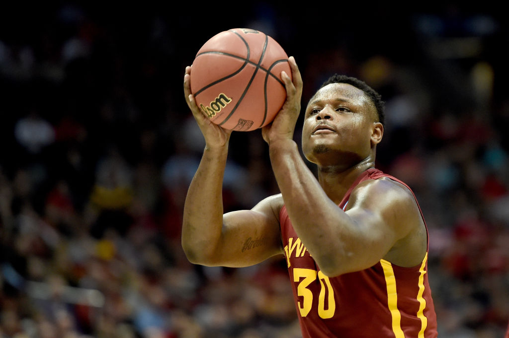 Deonte Burton #30 of the Iowa State Cyclones attempts a free throw in the first half against the Pu...