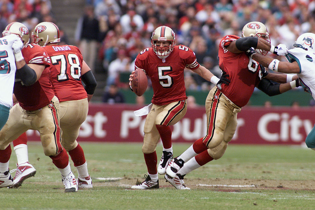 Jeff Garcia #5 of the San Francisco 49ers is among 15 former 49ers players eligible for the 2024 Pr...