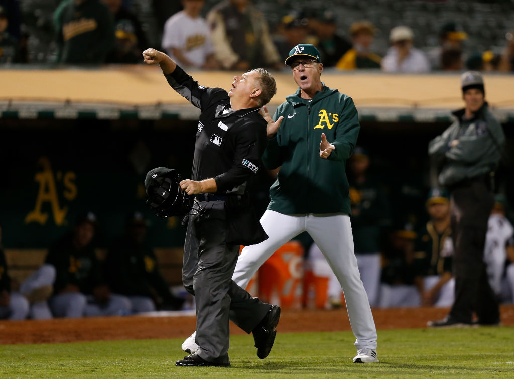 Manager Bob Melvin #6 of the Oakland Athletics is ejected from the game by home plate umpire Greg G...