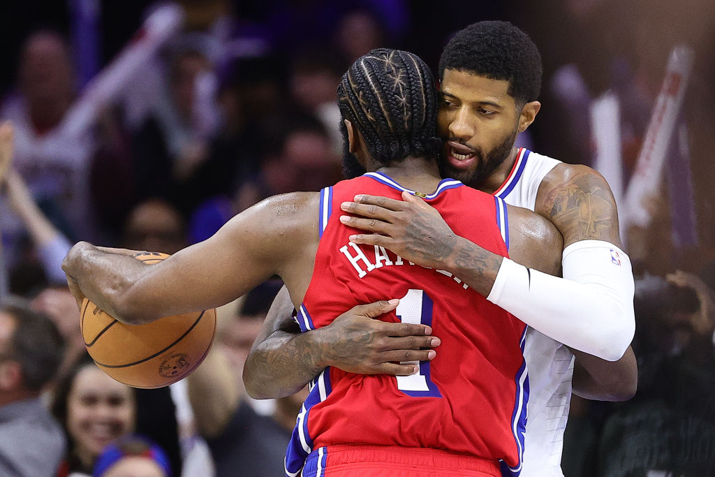 James Harden #1 of the Philadelphia 76ers and Paul George #13 of the LA Clippers embrace following ...