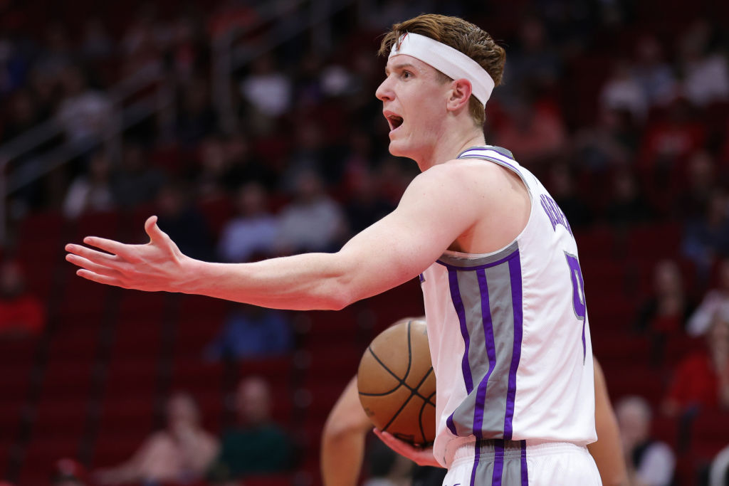 Kevin Huerter #9 of the Sacramento Kings reacts to a call against the Houston Rockets during the fi...