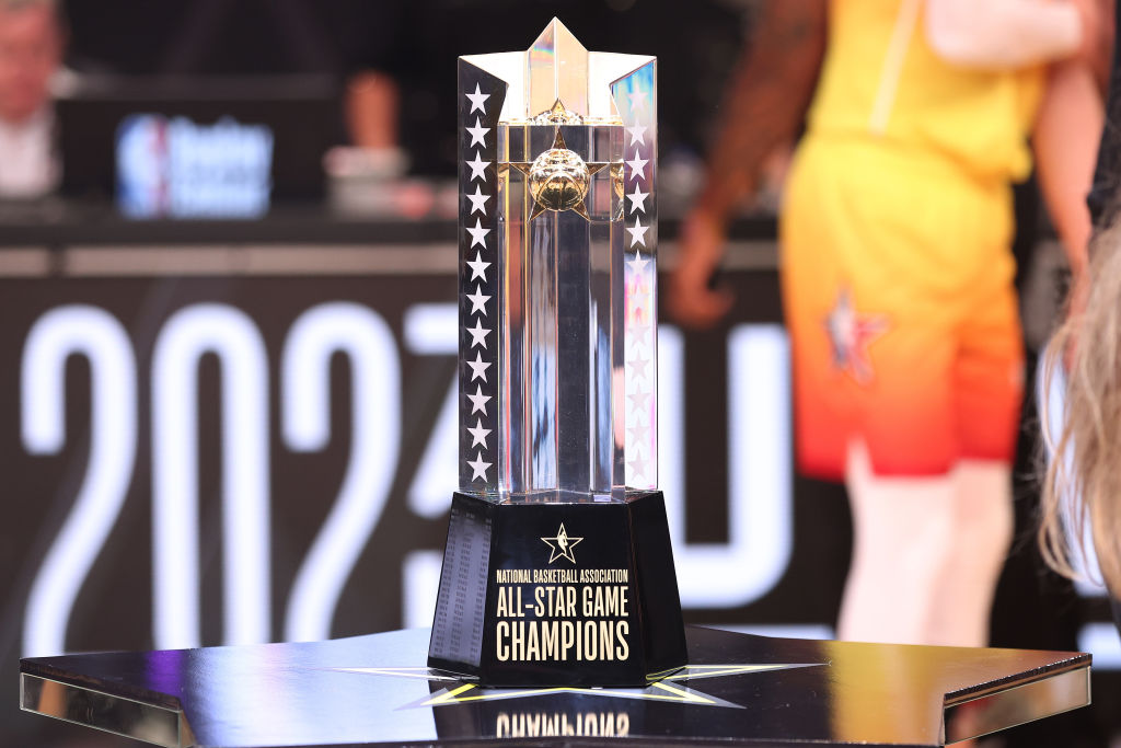 The NBA All-Star Game Champions trophy is displayed after the 2023 NBA All Star Game between Team G...