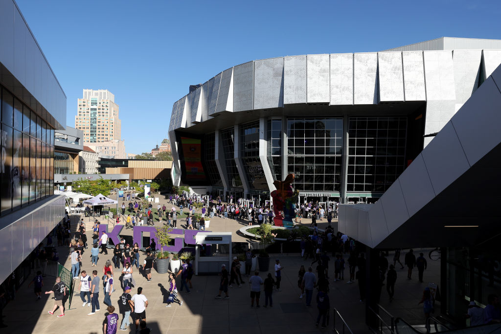 An exterior general view of the Golden 1 Center before the Sacramento Kings play the Golden State W...