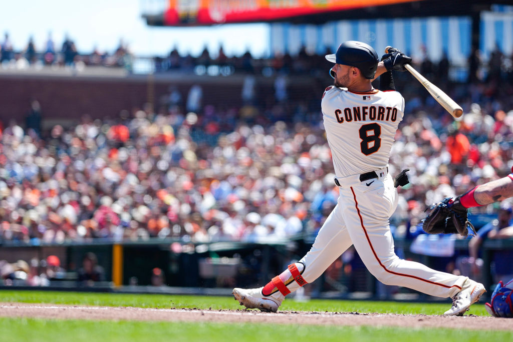 SAN FRANCISCO, CALIFORNIA - AUGUST 13: Michael Conforto #8 of the San Francisco Giants at bat in a ...