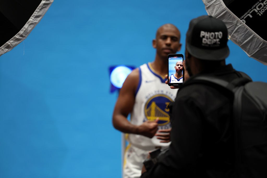 Chris Paul #3 of the Golden State Warriors poses for a picture during the Warriors' media day on Oc...