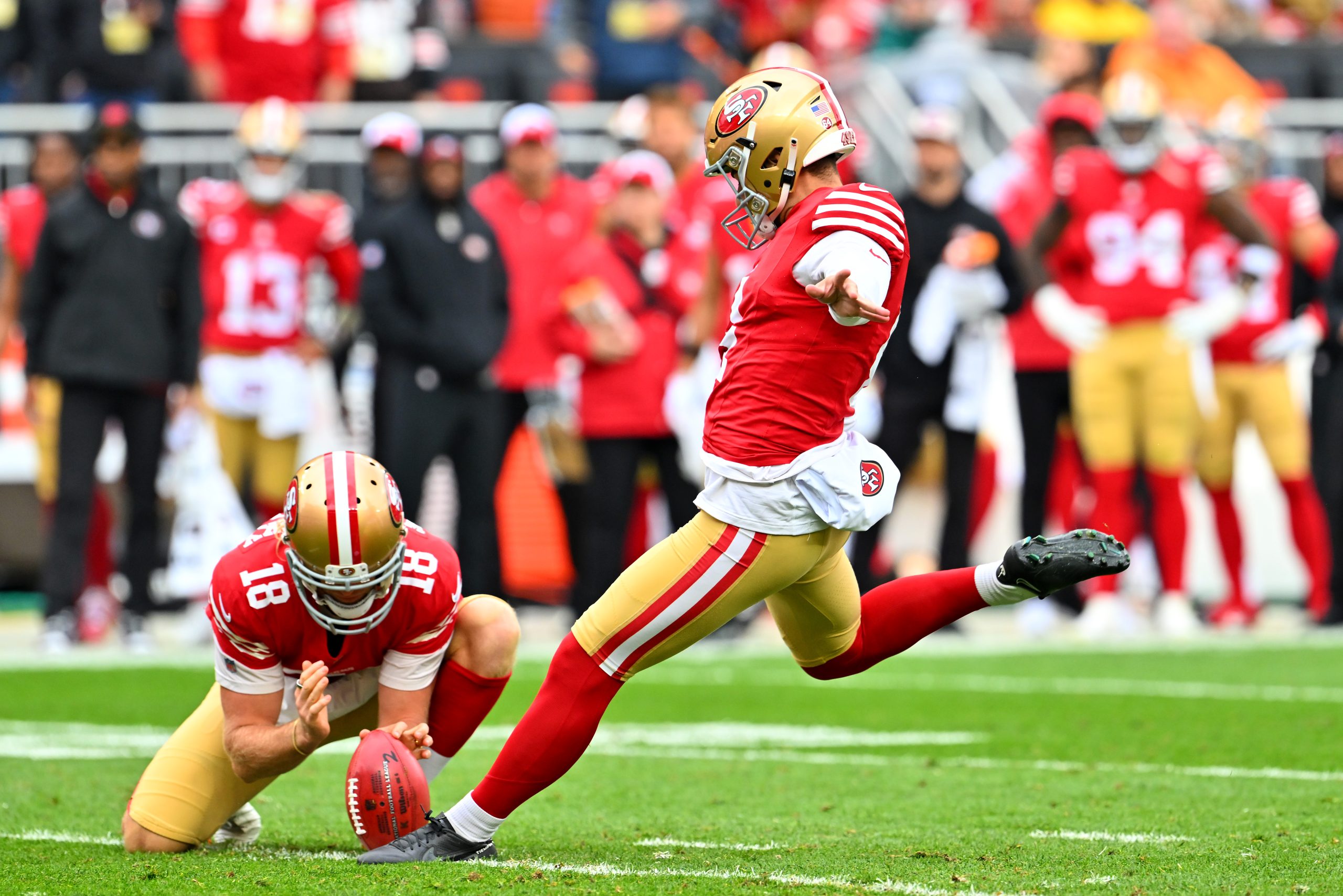 CLEVELAND, OHIO - OCTOBER 15: Jake Moody #4 of the San Francisco 49ers kicks a field goal during th...