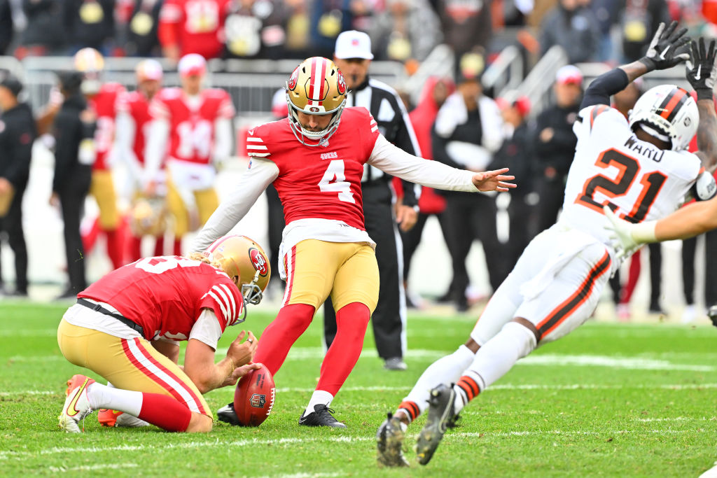 Jake Moody #4 of the San Francisco 49ers misses a game winning field goal during the fourth quarter...