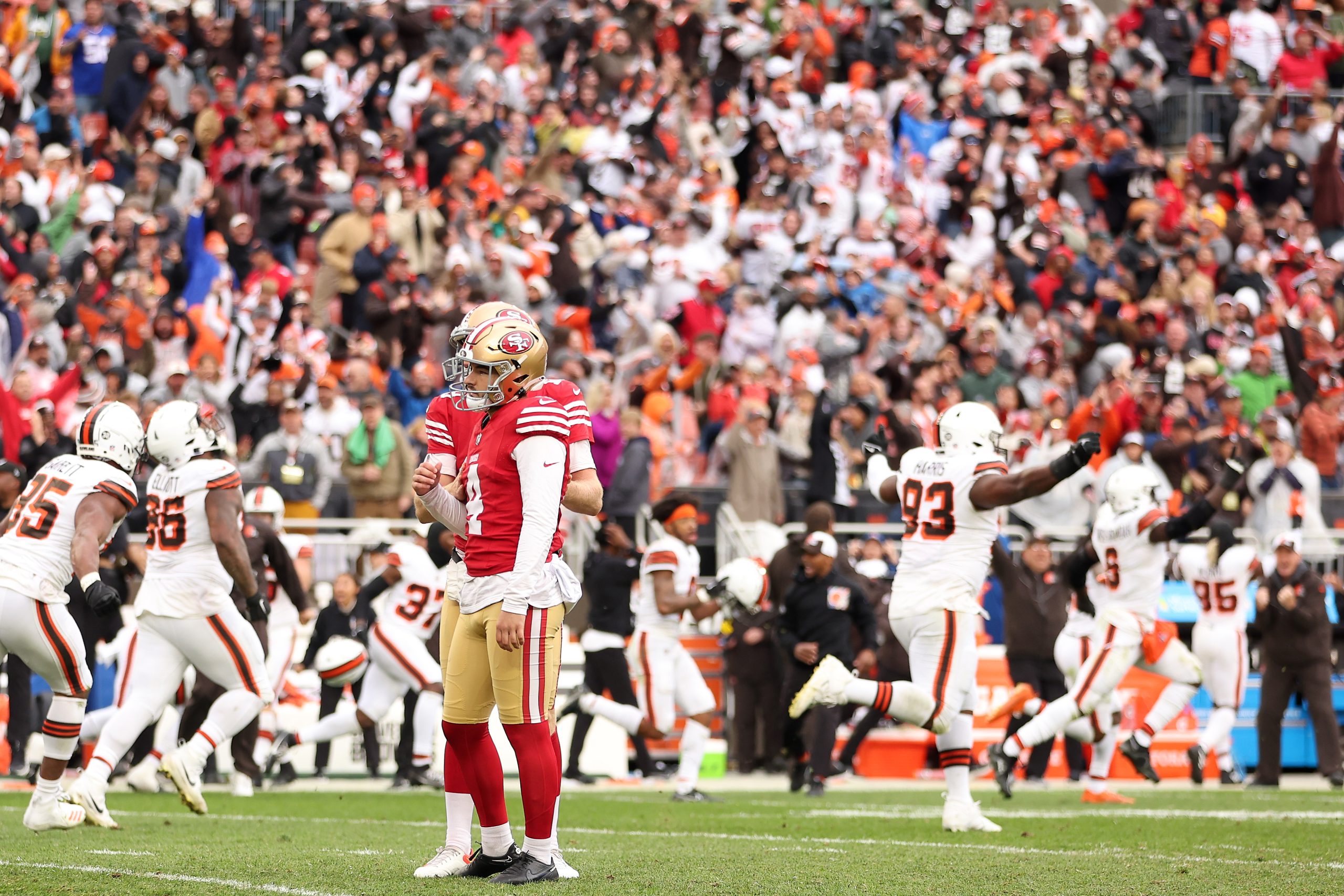 Jake Moody #4 of the San Francisco 49ers reacts after winning a game winning field goal during the ...