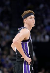 SACRAMENTO, CALIFORNIA - OCTOBER 15: Kevin Huerter #9 of the Sacramento Kings looks on against the Golden State Warriors during the second half of an NBA basketball game at Golden 1 Center on October 15, 2023 in Sacramento, California. NOTE TO USER: User expressly acknowledges and agrees that, by downloading and or using this photograph, User is consenting to the terms and conditions of the Getty Images License Agreement. (Photo by Thearon W. Henderson/Getty Images)