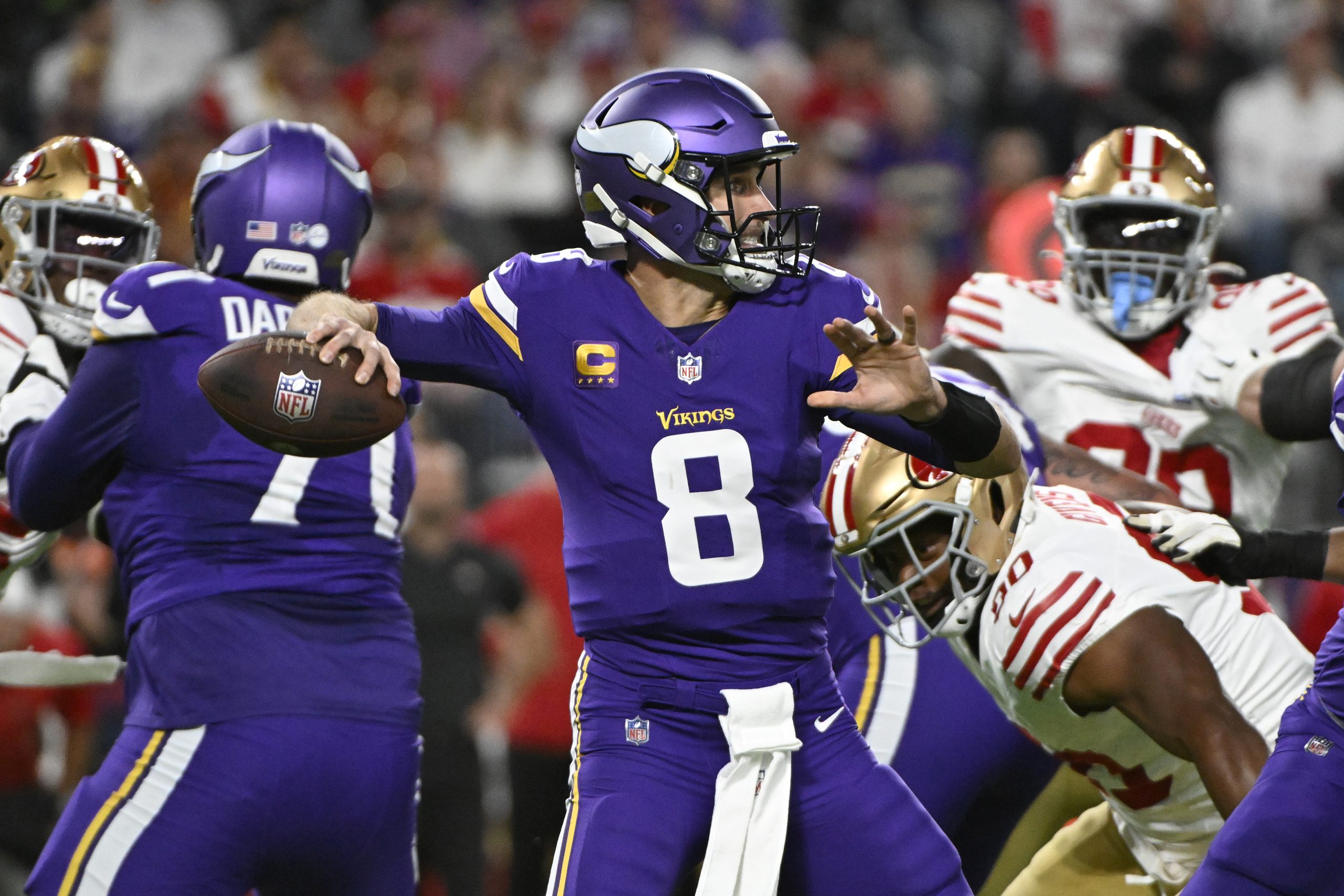 Kirk Cousins #8 of the Minnesota Vikings throws a first half pass against the San Francisco 49ers a...