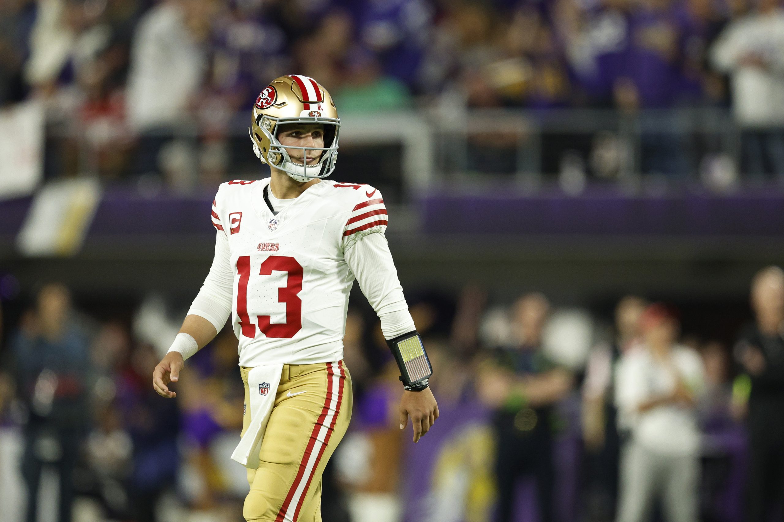 Brock Purdy #13 of the San Francisco 49ers looks on during the first quarter against the Minnesota ...
