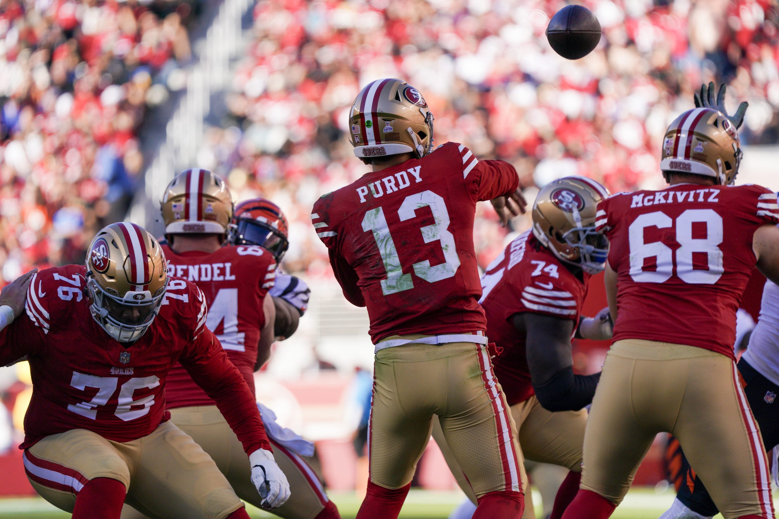 Brock Purdy #13 of the San Francisco 49ers throws a pass during the fourth quarter of the game agai...