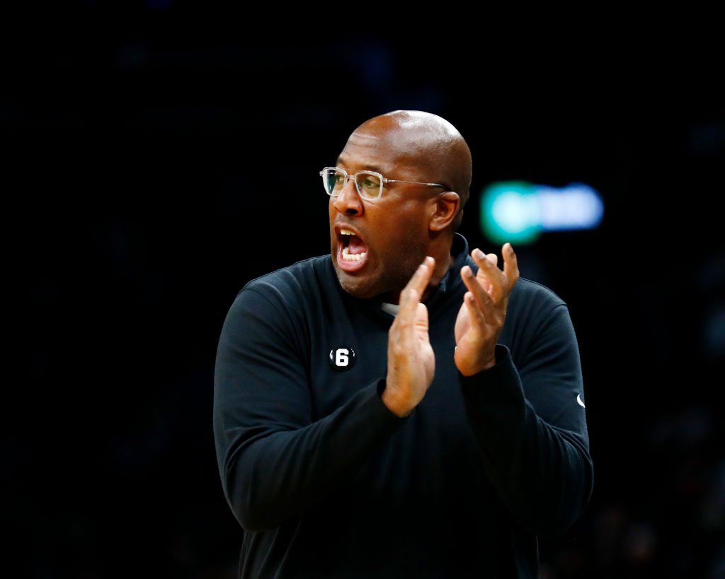 BOSTON, MASSACHUSETTS - NOVEMBER 25: Head coach Mike Brown of the Sacramento Kings reacts during th...