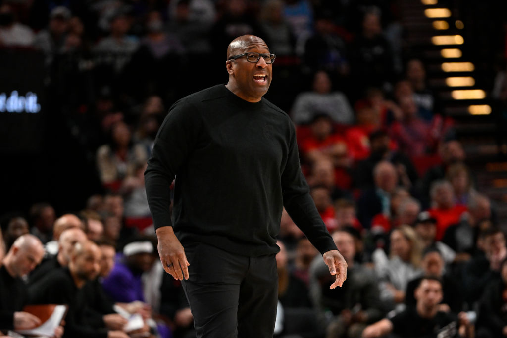 PORTLAND, OREGON - MARCH 31: Head coach Mike Brown of the Sacramento Kings reacts during the third ...