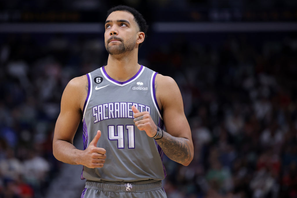 Trey Lyles #41 of the Sacramento Kings reacts against the New Orleans Pelicans during the first hal...