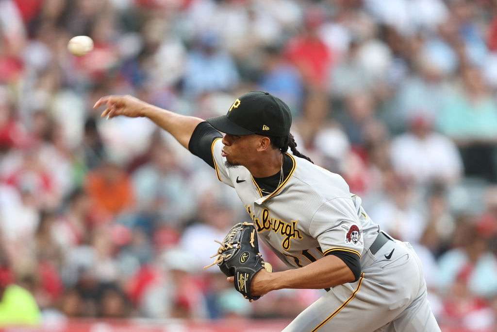 Osvaldo Bido #70 of the Pittsburgh Pirates pitches during the third inning against the Los Angeles ...