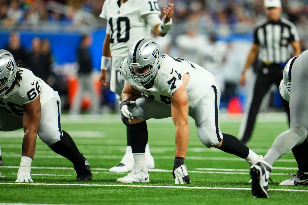 Kolton Miller #74 of the Las Vegas Raiders lines up during an NFL game against the Detroit Lions at...