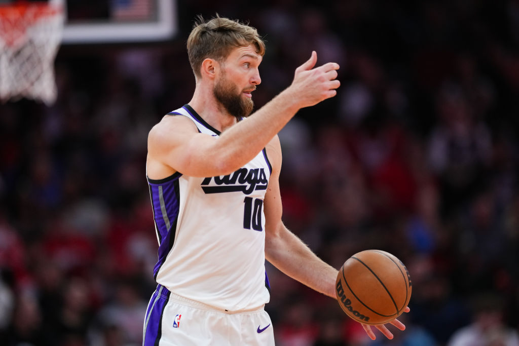 Domantas Sabonis #10 of the Sacramento Kings dribbles the ball during the game against the Houston ...