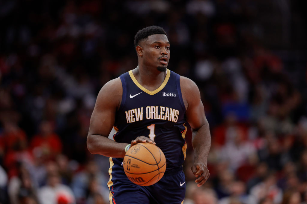 Zion Williamson #1 of the New Orleans Pelicans controls the ball against the Houston Rockets during...
