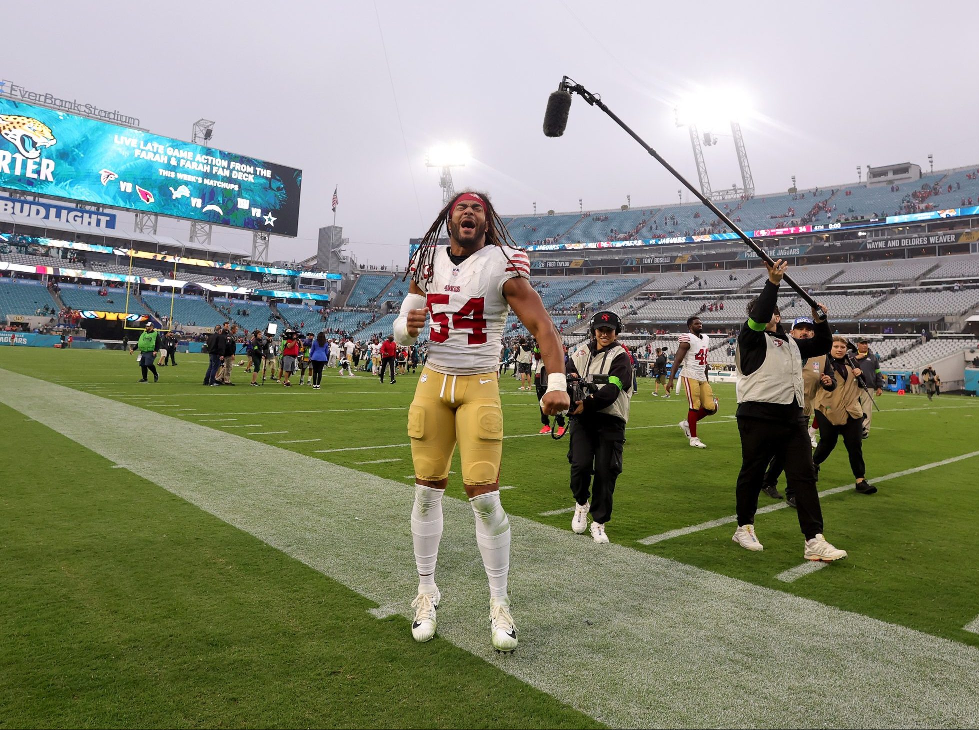 Fred Warner #54 of the San Francisco 49ers celebrates after the game against the Jacksonville Jagua...