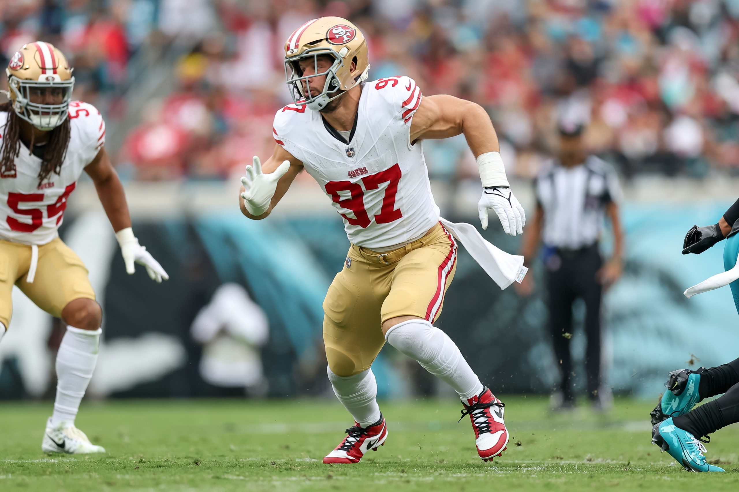 Nick Bosa #97 of the San Francisco 49ers against the Jacksonville Jaguars during the game at EverBa...