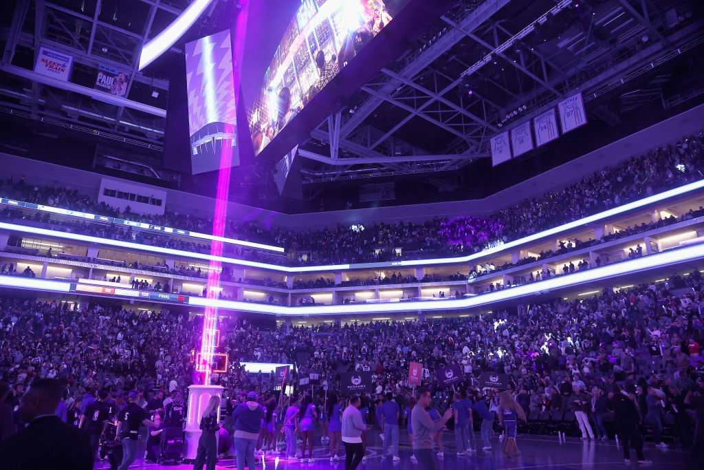 The victory beam is lit inside the arena after the Sacramento Kings defeated the Oklahoma City Thun...