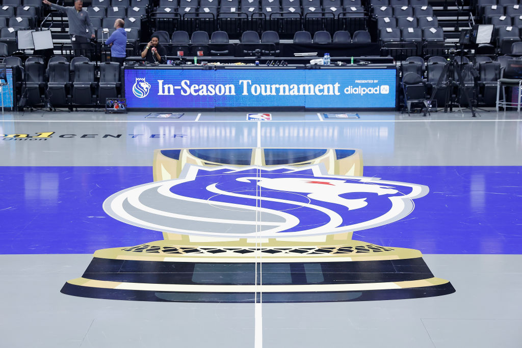 A detail view of the court before the NBA In-Season Tournament between between the Sacramento Kings...