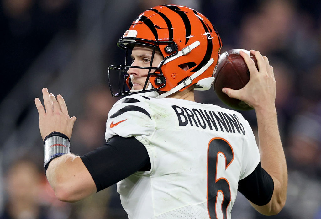 Jake Browning #6 of the Cincinnati Bengals throws a pass against the Baltimore Ravens during the th...
