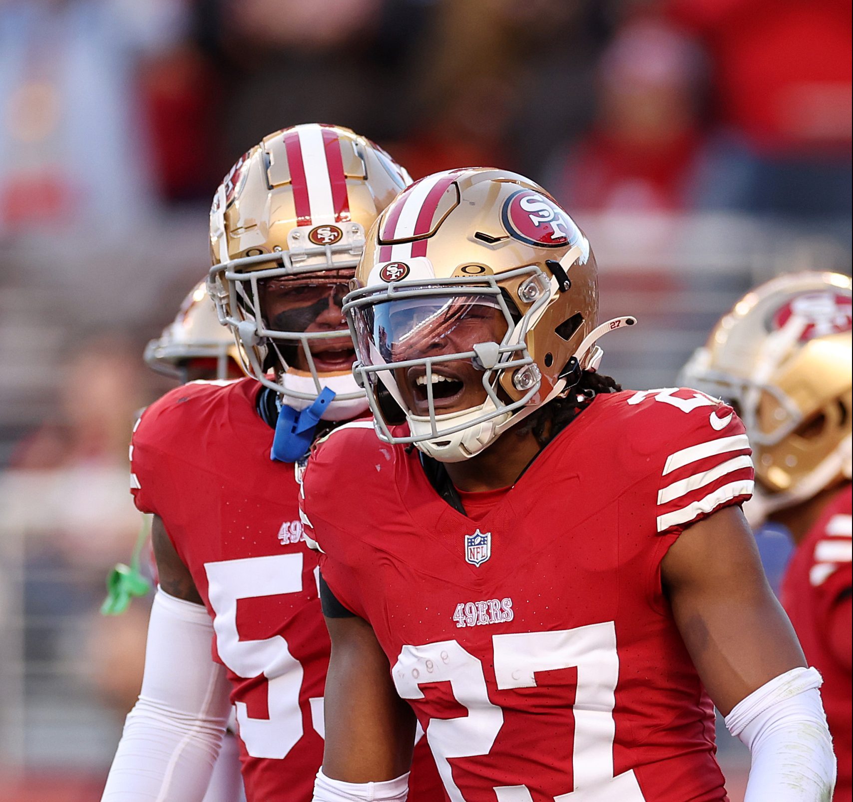 Ji'Ayir Brown #27 of the San Francisco 49ers reacts after an interception during the fourth quarter...