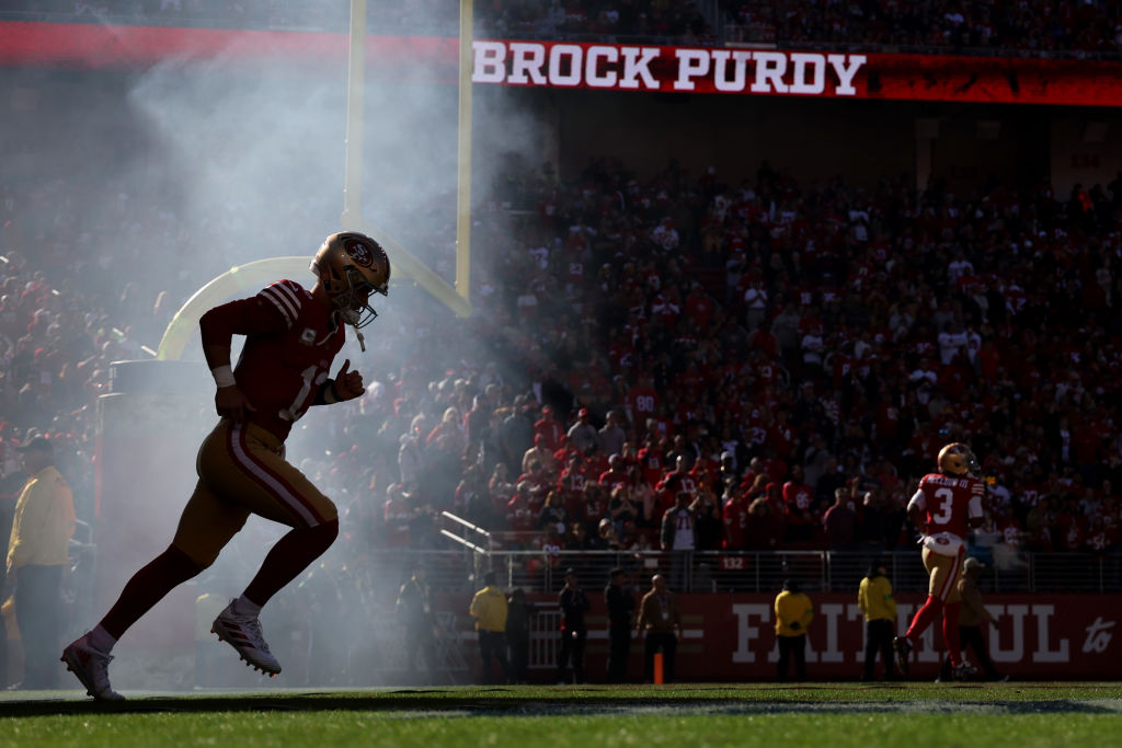 Brock Purdy #13 of the San Francisco 49ers takes to the field prior to a game against the Tampa Bay...